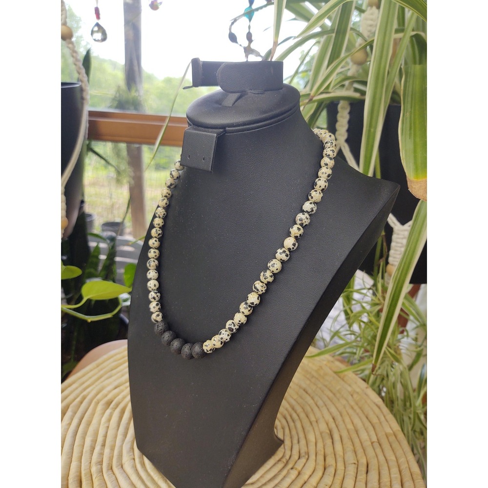 Dalmation & Lava Gemstones Round Beads Necklace Men or Women Necklace